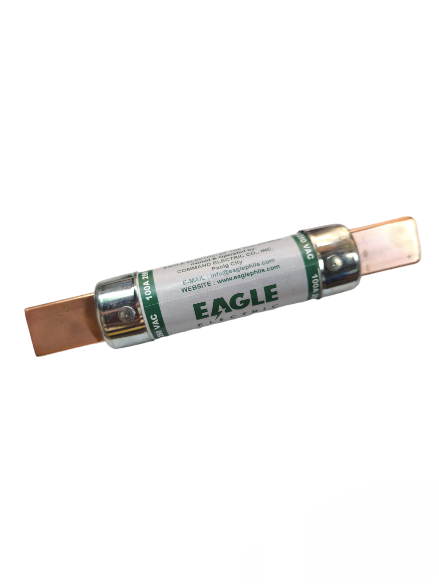 Eagle 100A Non- Renewable Fuse electrical circuitry part with copper ends and labeled body