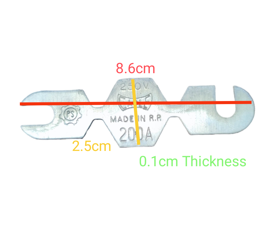 Eagle 200A 250V fuse link with a length of 8.6cm and thickness of 0.1cm for electrical circuits