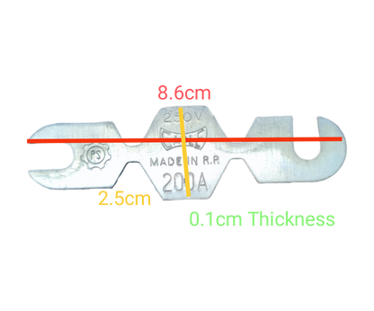 Eagle 200A 250V fuse link with a length of 8.6cm and thickness of 0.1cm for electrical circuits