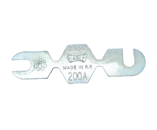 Eagle 200A 250V fuse link with a silver finish and dual connector design for electrical systems