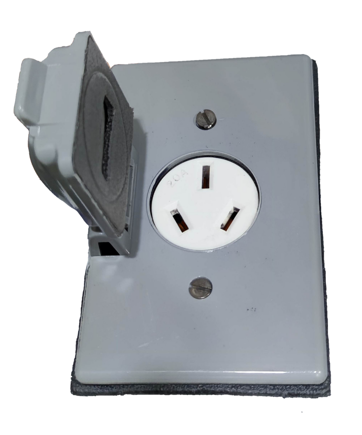 Eagle 20A range outlet with weatherproof cover mounted on gray wall plate for outdoor use