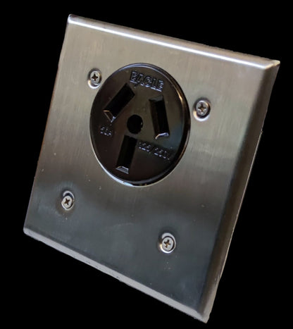 Eagle Range Outlet 50A 250V with Stainless Cover mounted on brushed stainless plate for kitchen range