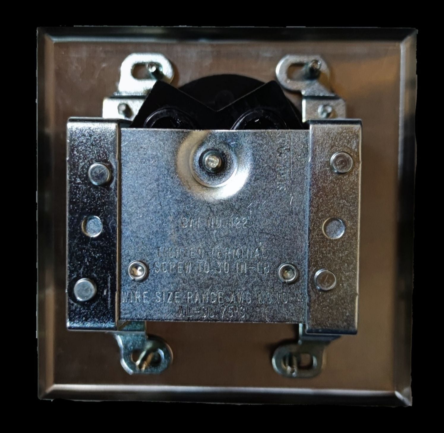 Eagle Range Outlet 50A 250V with Stainless Cover. Showing square stainless plate receptacle and mounting screws