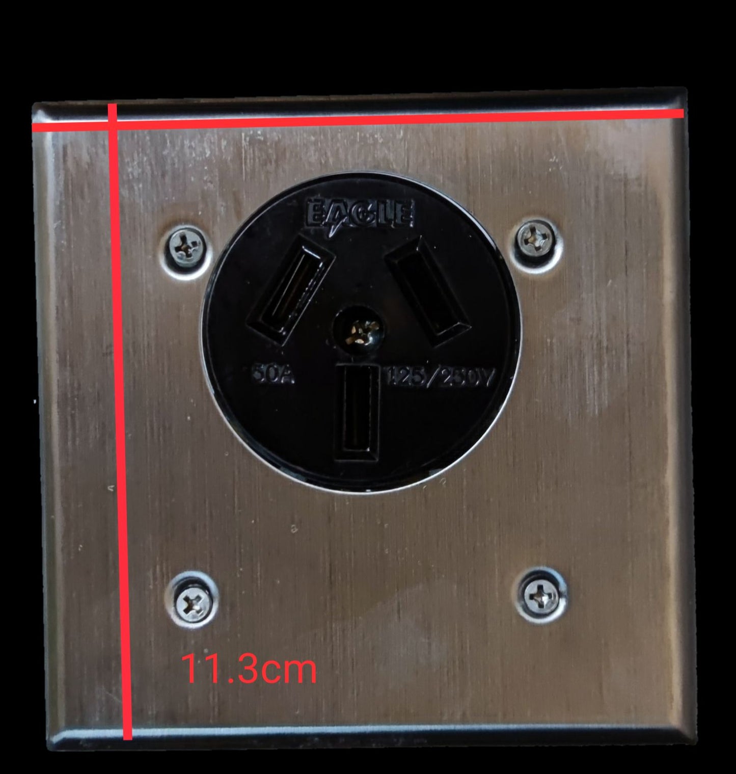 Eagle Range Outlet 50A 250V with Stainless Cover. Square stainless plate with black three prong circular outlet and four screws