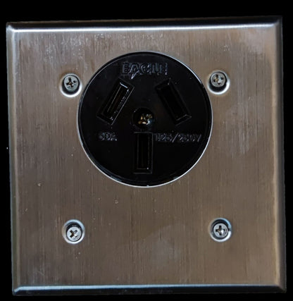 Eagle Range Outlet 50A 250V with Stainless Cover. Stainless steel faceplate with black 3 prong receptacle and mounting screws