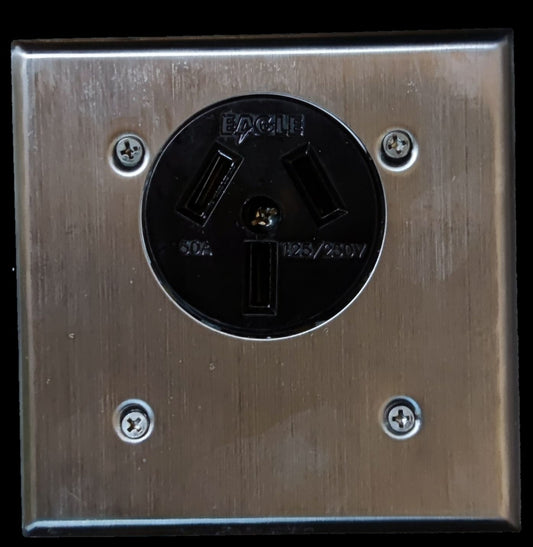 Eagle Range Outlet 50A 250V with Stainless Cover. Stainless steel faceplate with black 3 prong receptacle and mounting screws