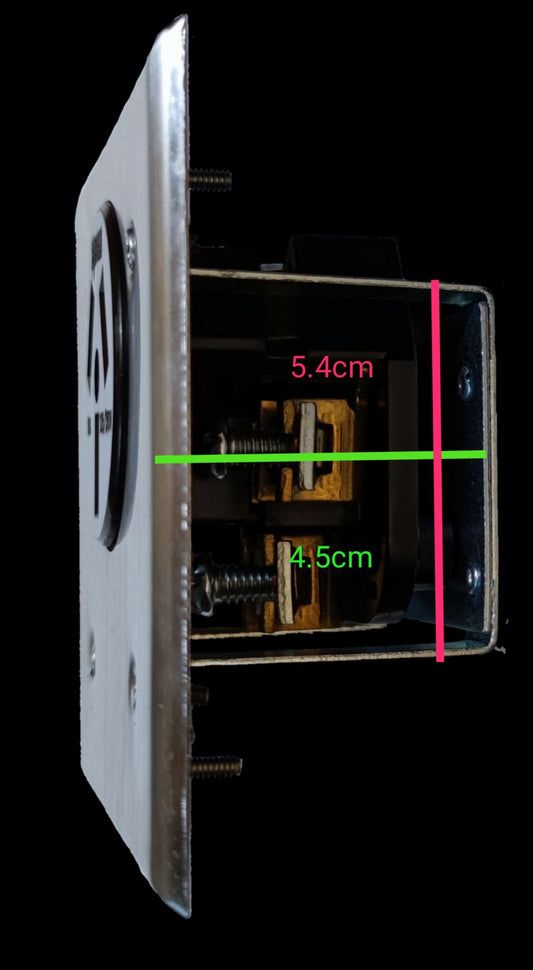 Eagle Range Outlet 50A 250V with Stainless Cover side view showing internal terminals screws and mounting box
