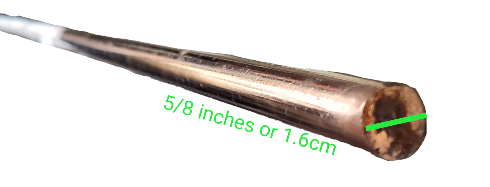 Close up of 1 Meter grounding rod Copper Coated showing 5 8 inches 1.6 cm diameter copper coated end for grounding