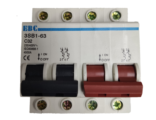 Electx Electrical Supply MTS 32A 2Pole Single Phase 4.5KAIC. white 2 pole circuit breaker with red and black switches