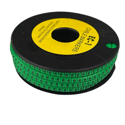 Grippes Cable Marker 6 Green spool on black reel showing repeated 6 cable labels