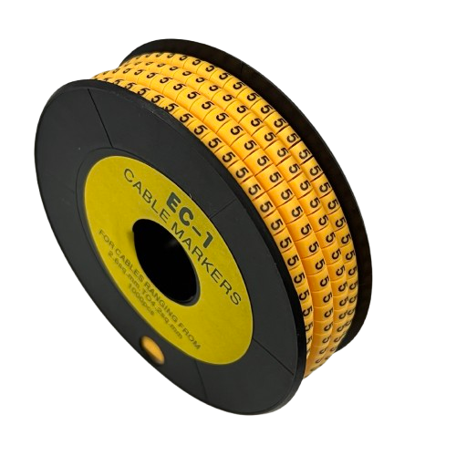 Spool of China made 5 Cable Marker Yellow adhesive number labels for wire and cable identification