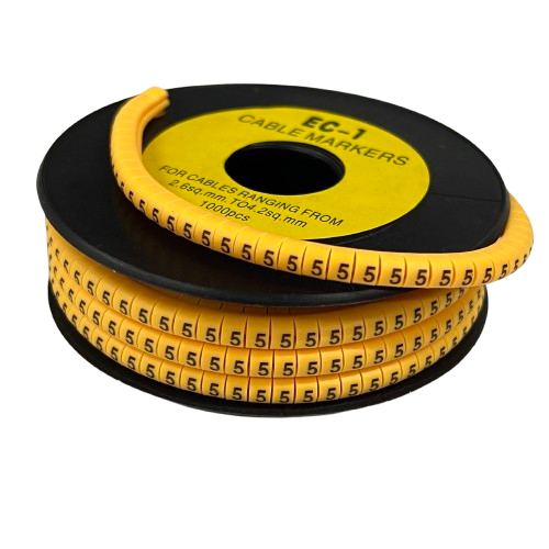 Spool of 5 Cable Marker Yellow snap on markers with repeated number 5 for cable management and identification