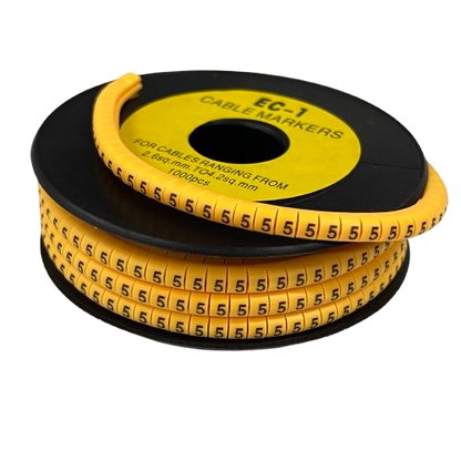 Spool of 5 Cable Marker Yellow snap on markers with repeated number 5 for cable management and identification