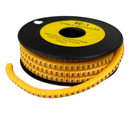 Spool of flexible 5 Cable Marker Yellow strips with repeated number 5 for cable identification and organization