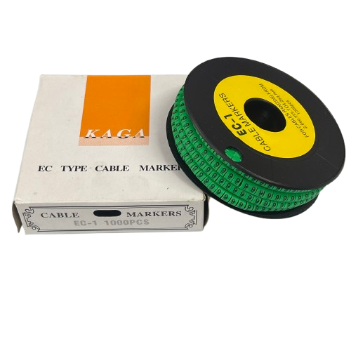 Grippes cable markers 9 Marker 2.6mm to 4.2mm Green spool on black reel beside white box for cable management