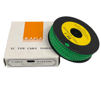 Grippes cable markers 9 Marker 2.6mm to 4.2mm Green spool on black reel beside white box for cable management