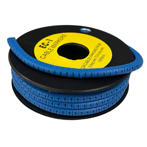 Spool of blue segmented cable markers Cable Marker Blue 1 printed numeric labels for organized cable management