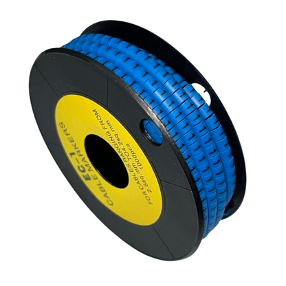 Spool of blue plastic cable markers on black reel for wire labeling Cable Marker Blue 1