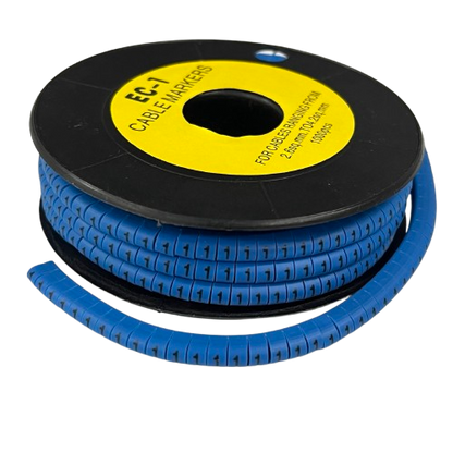 Spool of flexible blue numbered cable markers for cable management Cable Marker Blue 1 on black reel