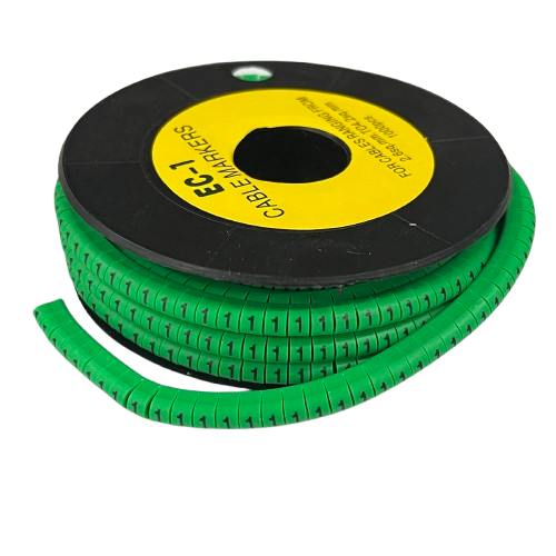 Grippes Cable Marker 1 Green reel of segmented flexible cable markers with repeating numeric 1 labels for wiring