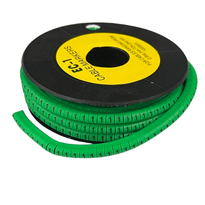 Grippes Cable Marker 1 Green reel of segmented flexible cable markers with repeating numeric 1 labels for wiring