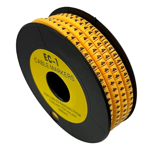 Spool of printed Cable Marker 4 Yellow bands showing number 4 for cable identification