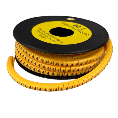 Spool of spiral cable wrap with repeated number 4 on each segment Cable Marker 4 Yellow for wire identification