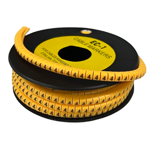 Spool of yellow Cable Marker 4 Yellow wraparound labels with printed 4s for cable identification and organization