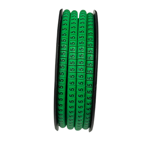 Grippes Cable Marker 5 Green spool showing multiple green numeric 5 cable markers for labeling