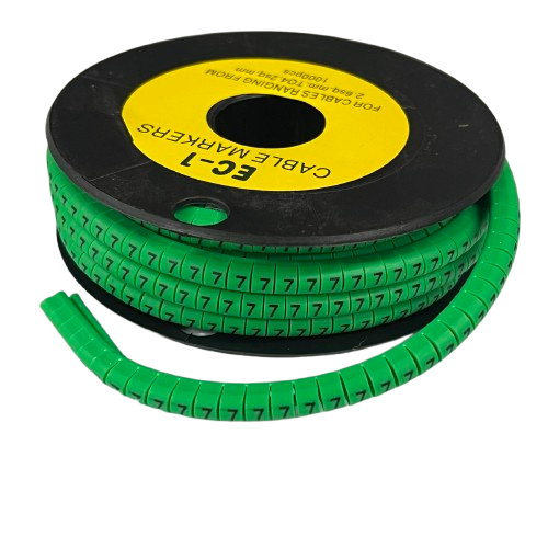 Grippes Cable Marker 7 Green spiral ID tape on black spool with repeating 7 digits for cable management
