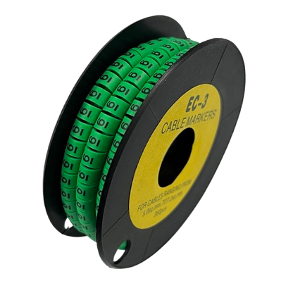 Spool of numbered green cable rings for wire identification Cable Marker Green-6 on black plastic reel