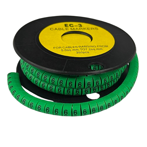 Spool of Cable Marker Green-6 numbered green cable markers on black reel for cable management