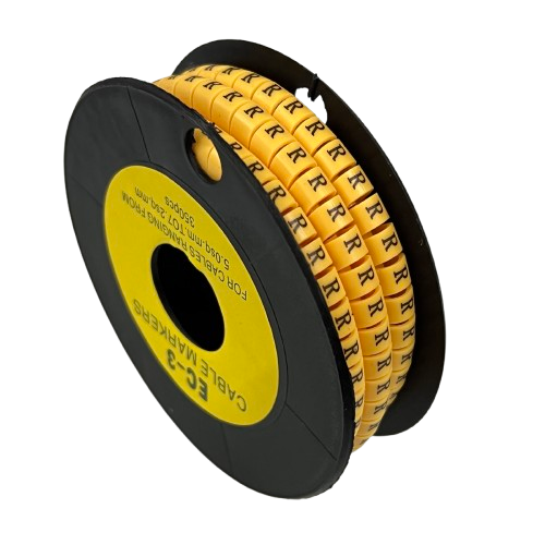 Grippes Cable Marker R - Yellow spool of ringed cable markers with R labels for wiring organization