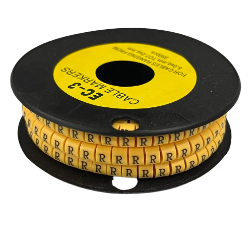 Grippes Cable Marker R - Yellow spool of yellow R letter cable markers on black reel for wire labeling