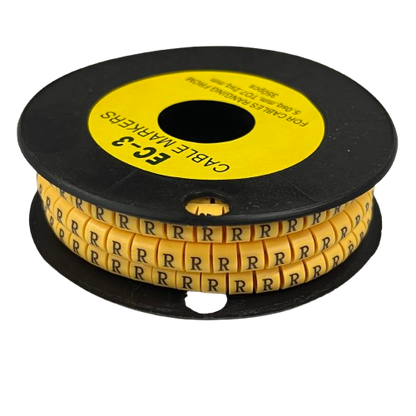 Grippes Cable Marker R - Yellow spool of yellow R letter cable markers on black reel for wire labeling