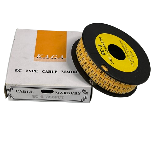 Grippes Cable Marker R - Yellow spool showing repeating R cable markers on black reel for cable management