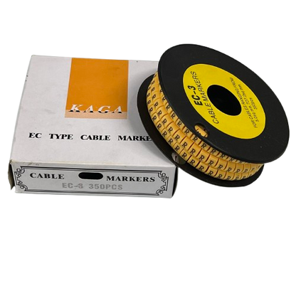 Grippes Cable Marker R - Yellow spool showing repeating R cable markers on black reel for cable management