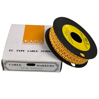 Grippes Cable Marker S - Yellow spool with S labels on reel next to box for cable management