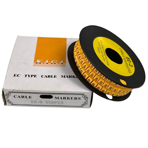 Grippes Cable Marker S - Yellow spool with S labels on reel next to box for cable management