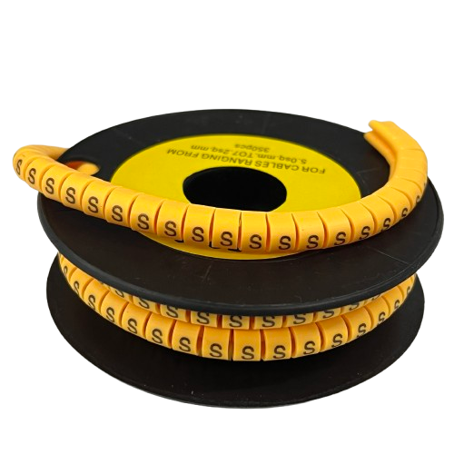 Grippes Cable Marker S - Yellow spool of flexible snap on cable markers labeled S for wire identification