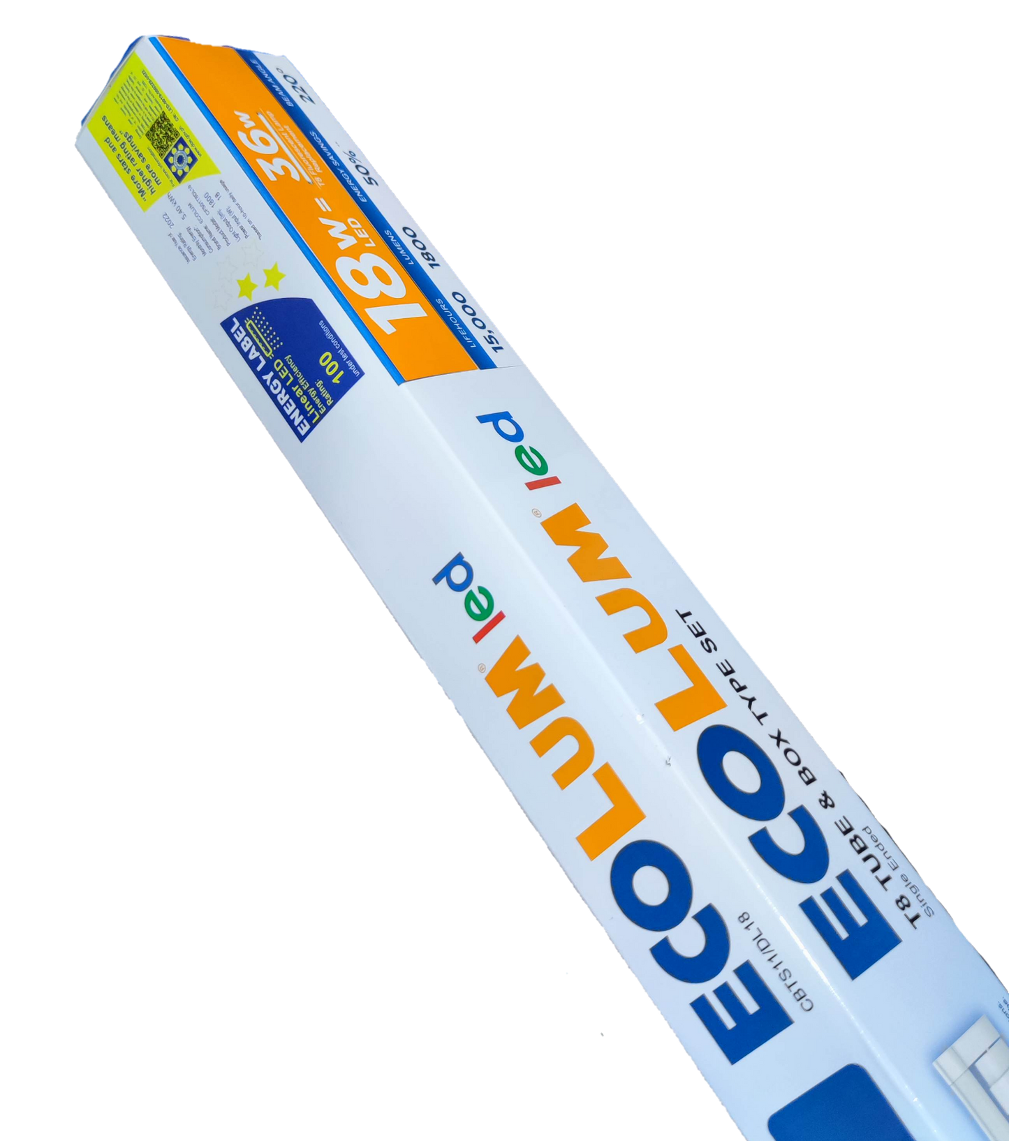 Ecolum 18W LED fluorescent tube with fixture in white packaging for energy-efficient lighting