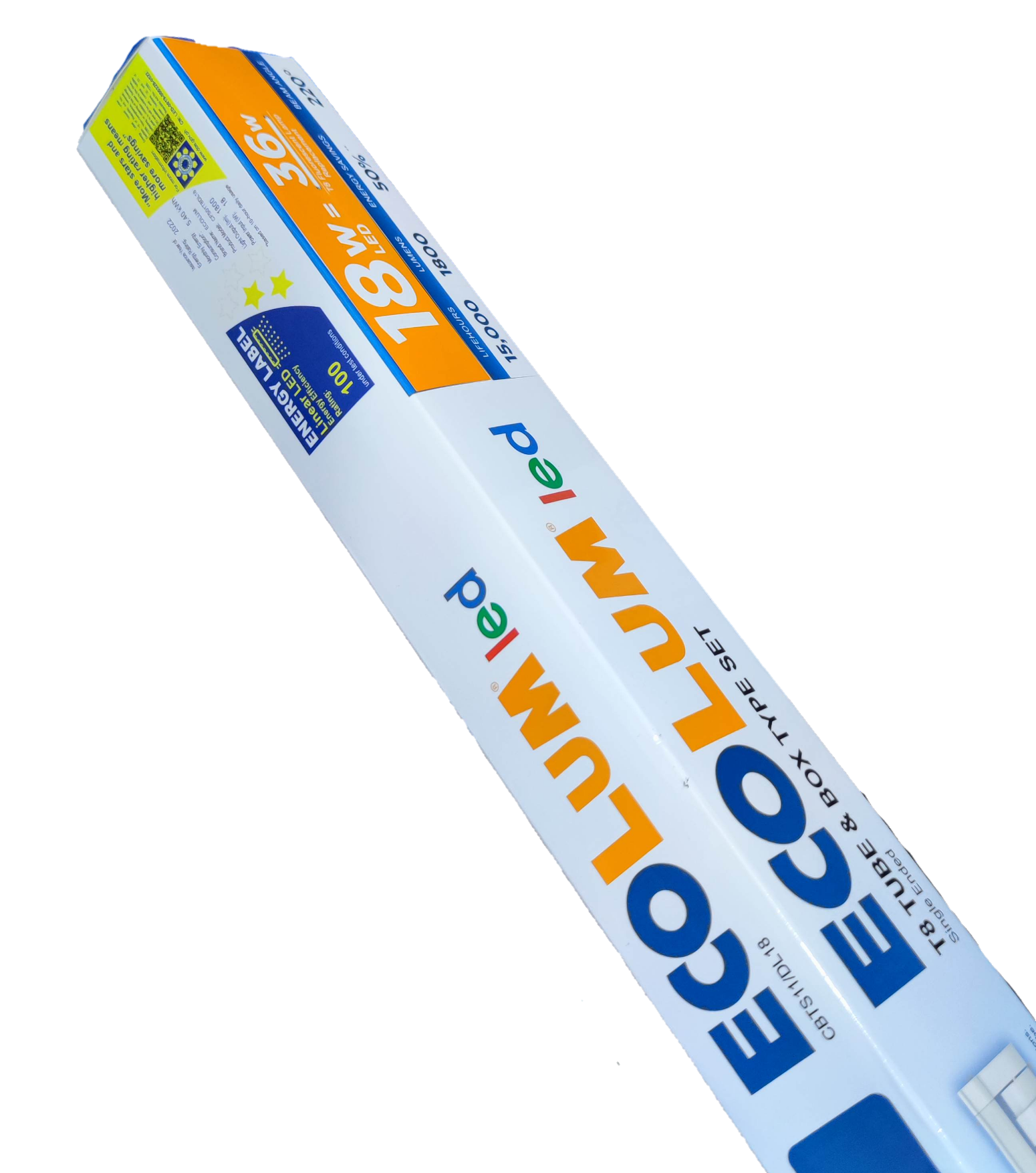 Ecolum 18W LED fluorescent tube with fixture in white packaging for energy-efficient lighting