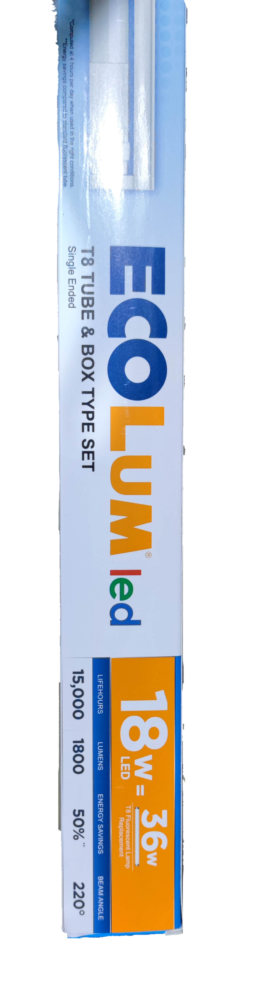 Ecolum 18W LED fluorescent tube with fixture packaged in a blue and white box with specifications
