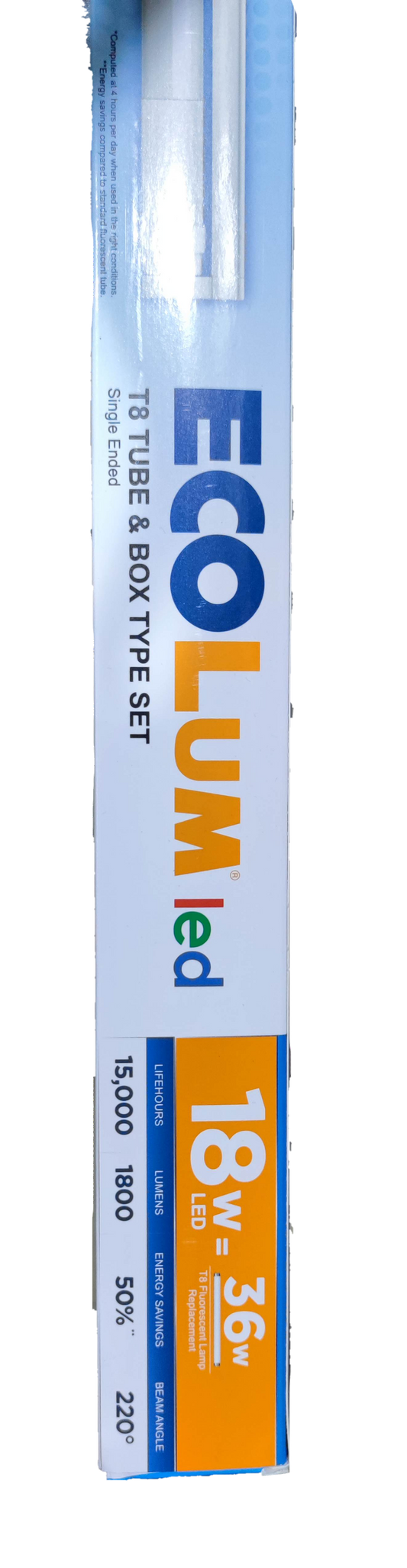Ecolum 18W LED fluorescent tube with fixture packaged in a blue and white box with specifications
