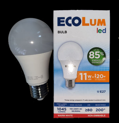 Ecolum 11W LED bulb E27 with warm white light and energy-saving packaging