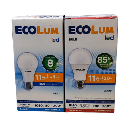 Ecolum 11W LED bulb E27 in daylight and warm white non-dimmable options with energy savings