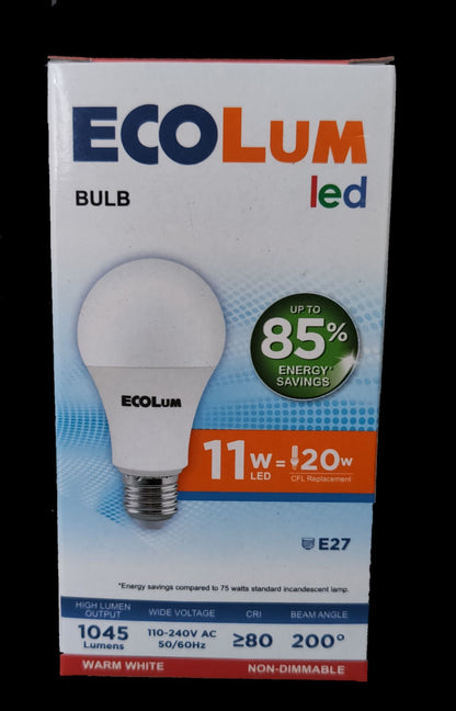 Ecolum 11W LED bulb E27 in warm white with up to 85 percent energy savings on packaging