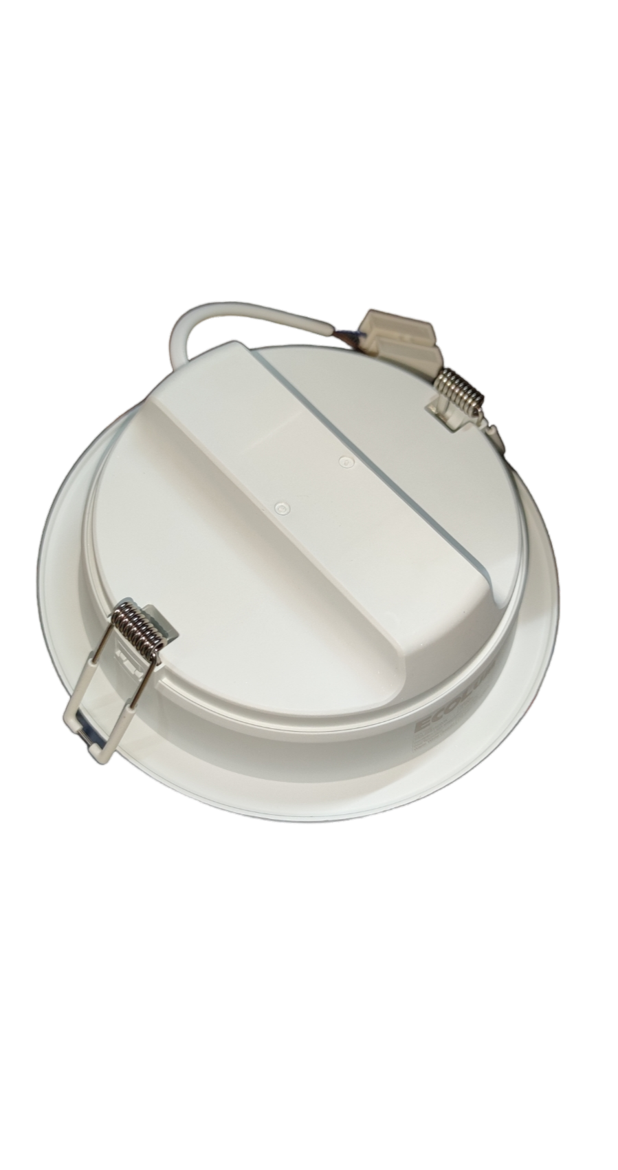 Ecolum 12W LED downlight warm white with white casing and mounting clips for ceiling installation