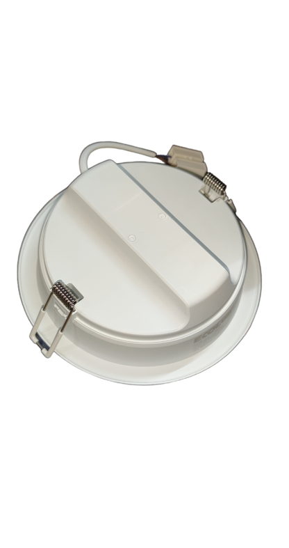 Ecolum 12W LED downlight warm white with white casing and mounting clips for ceiling installation