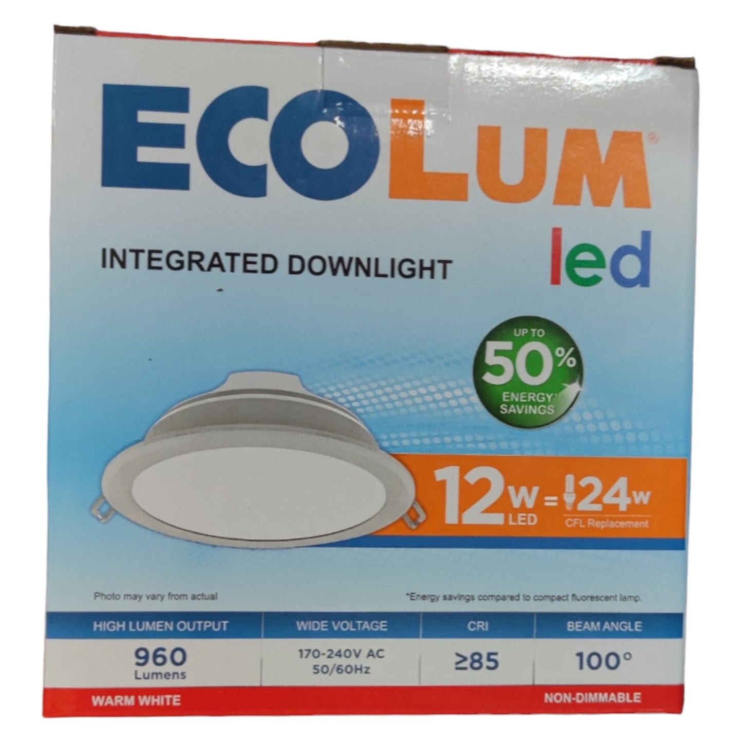 Ecolum 12W LED Downlight Warm White 3000K CDL223112WW Cut Hole Dia 120mm Thickness Ø 45mm x Face Dia 140mm
